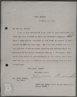 Reprodução de carta enviada à Vital Brazil por Theodore Roosevelt solicitando permissão para uso ...