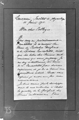 Reprodução de carta  enviada à Vital Brazil por Maurice Arthus, professor de fisiologia do Instit...