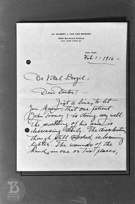 Reprodução de carta enviada à Vital Brazil pelo Dr. Gilbert J. Van der Smissen sobre melhora de p...
