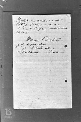 Reprodução de carta  enviada à Vital Brazil por Maurice Arthus, professor de fisiologia do Instit...