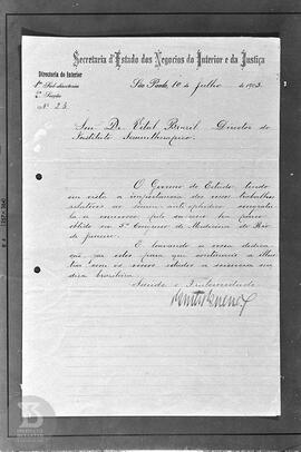 Reprodução de carta de parabenização direcionada para Vital Brazil em razão de sua participação n...