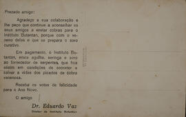 Verso de cartão postal, com mensagem de agradecimento de Eduardo Vaz pela colaboração e envio de ...