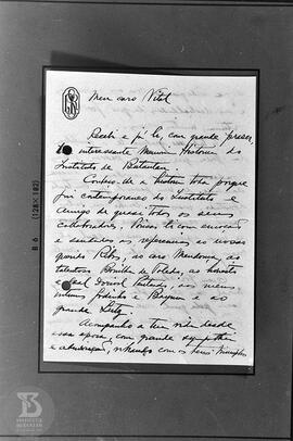 Reprodução de carta de agradecimento enviada à Vital Brazil em razão do envio do livro Memória Hi...