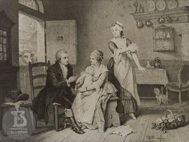 Reprodução da gravura  Pintura de Edward Jenner (1749–1823) "Il pratique la vaccine pour la ...