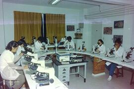 Vista de pesquisadoras em treinamento de microscopia na Sala de reuniões do Centro de Estudos de ...