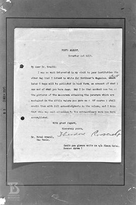 Reprodução de carta enviada à Vital Brazil por Theodore Roosevelt solicitando permissão para uso ...