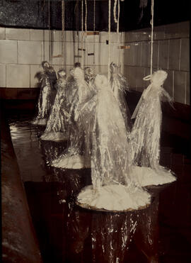 Interior de laboratório, massa seca em papel celofane, dialisando em água corrente para eliminaçã...