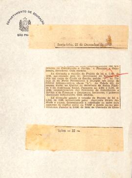 Comunicado de parecer favorável e com emenda do projeto de lei nº1.109, de 1949