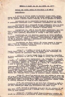 Decreto nº6.047 de 19/08/1933 sobre a instalação de uma escola normal rural em Piracicaba