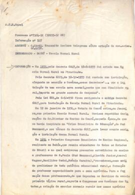 Processo nº7524-52 sobre a criação de uma Escola Normal Rural diante da dificuldade na instalação...