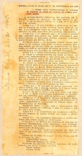 Publicação do decreto-Lei nº14.553, de 22/02/1945, sobre o concurso de ingresso ao cargo de profe...
