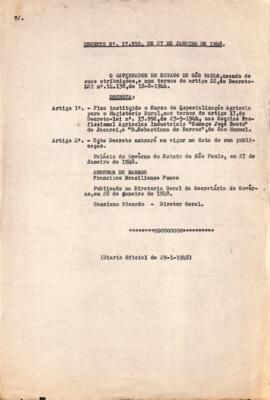 Decreto nº 17.910, de 27/01/1948, sobre o curso de especialização agrícola