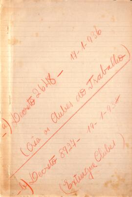 Decreto nº2.648 sobre a criação de Clubes do Trabalho e Decreto nº8.927, de 19/01/1938, sobre a e...