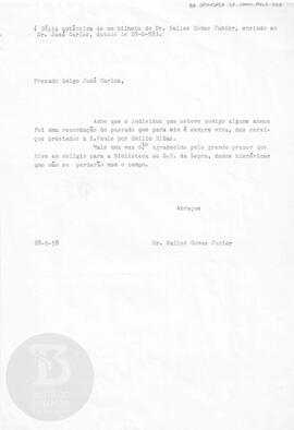 [Bilhete de Salles Gomes Junior enviado a José Carlos Ribas]