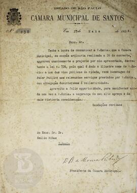 [Ofício informando a decisão de nomear uma rua na cidade de Santos em homenagem à Emílio Ribas]
