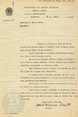 Ofício n. 18. de 1949. Diretoria do Grupo Escolar "Emílio Ribas"