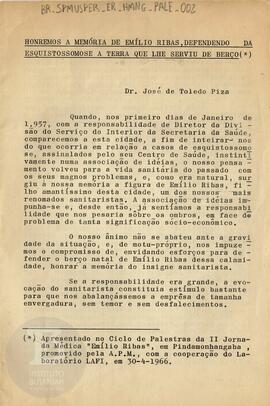 Honremos a memória de Emílio Ribas, defendendo da esquistossomose a terra que lhe serviu de berço