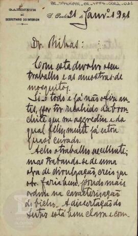[Carta opinativa referente ao trabalho e amostras de mosquitos]