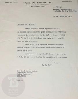 [Carta de agradecimento pelo envio de trabalho sobre a febre amarela, de autoria de Emílio Ribas]