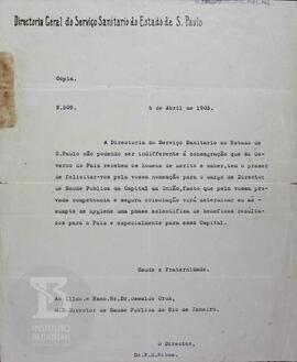 [Carta felicitando a nomeação de Oswaldo Cruz ao cargo de diretor]